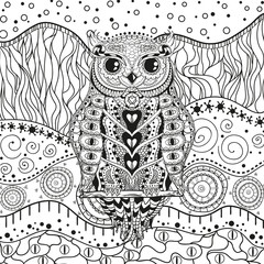 Mandala with owl on isolated white. Zentangle. Hand drawn abstract patterns on isolation background. Design for spiritual relaxation for adults. Black and white illustration for coloring