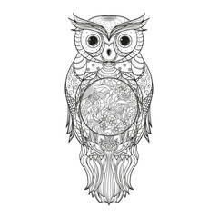 Owl on isolated white. Zentangle. Detailed hand drawn vintage bird with abstract patterns on isolation background. Design for spiritual relaxation for adults
