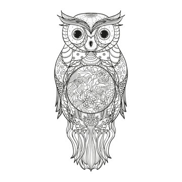 Owl on isolated white. Zentangle. Detailed hand drawn vintage bird with abstract patterns on isolation background. Design for spiritual relaxation for adults