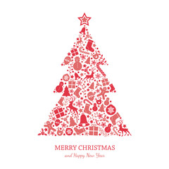 Christmas greeting card with text and decorations with icons. Vector.