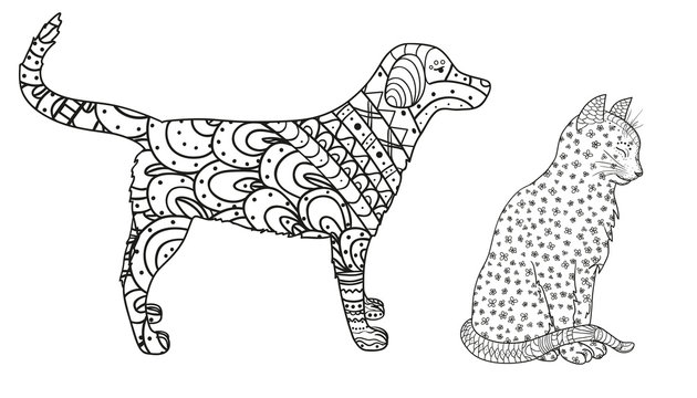 Dog and cat on white. Zentangle. Hand drawn animals with abstract patterns on isolation background. Design for spiritual relaxation for adults. Black and white illustration for coloring. Zen art