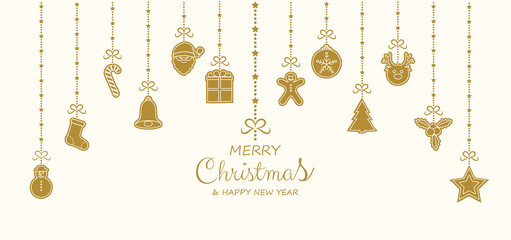 Concept of Christmas card with hanging ornaments. Vector.