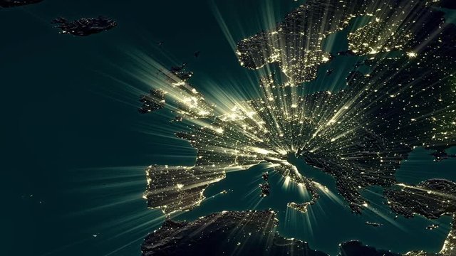 map of nocturnal west europe in relief depiction with large rays of light shining from the cities upwards 
