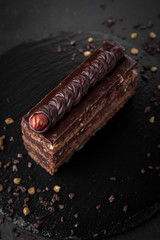 A piece of chocolate cake with biscuit, hazelnut and cocoa filling. Assorted Confectionery Range.