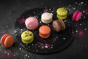 Colorful macarons cakes. Small French desert. Assorted Confectionery Range.
