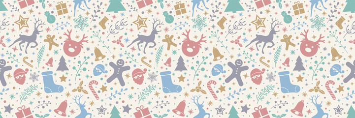 Concept of seamless texture with Christmas ornaments. Vector.