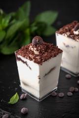 Mini dessert made from delicate creamy vanilla mousse and chocolate. Candy bar. Assortment of confectionery.