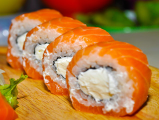 beautiful sushi, rolls, with caviar and fresh fish, close-up