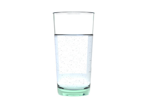 Glass of clear fresh bubbly sparkling water - on white background