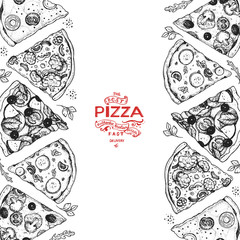Italian pizza top view . Italian food menu design template. Vintage hand drawn sketch, vector illustration. Engraved style illustration. Pizza label for menu.