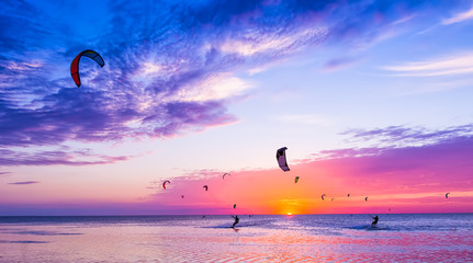 Kite-surfing against a beautiful sunset. Many silhouettes of kites in the sky. Holidays on nature. Artistic picture. Beauty world. - obrazy, fototapety, plakaty