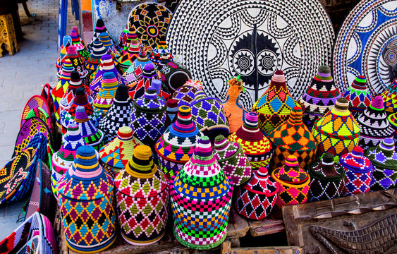Multicolored handmade moroccan souvenirs in the Medina of Essaouira in Morocco, Africa
