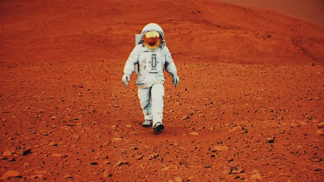 4K Astronaut walking on the surface of Mars. 3D CGI Animation. (Background elements furnished by NASA.)