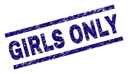 GIRLS ONLY seal print with grunge style. Blue vector rubber print of GIRLS ONLY label with grunge texture. Text label is placed between parallel lines.