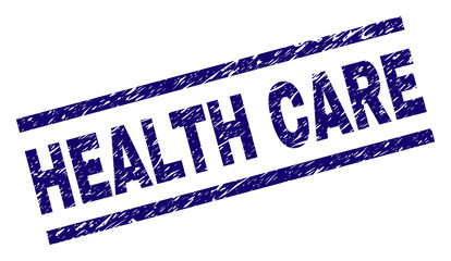 HEALTH CARE seal imprint with grunge style. Blue vector rubber print of HEALTH CARE caption with grunge texture. Text caption is placed between parallel lines.