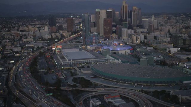 Los Angeles April 2017 Aerial illuminated dusk view of Dodgers stadium Los Angeles California 