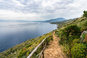 Wide landscape of “Riserva dello Zingaro”, a beautiful natural reserve famous for its beaches and hiking trail, San Vito Lo Capo, Sicily, Italy