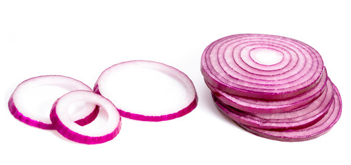 Sliced red onion rings isolated on white background cutout