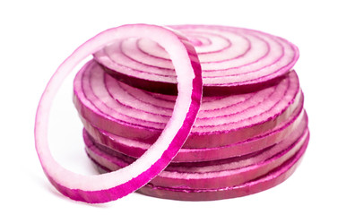 Sliced red onion rings isolated on white background cutout