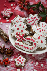 Obraz na płótnie Canvas Christmas decoration on a red fabric background. Christmas cookies handmade for your decoration. Top view