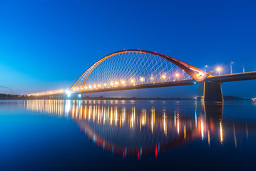 Fototapeta na wymiar Bugrinsky Bridge over the River Ob, Novosibirsk, Russia, sunrise \ sunset, evening view