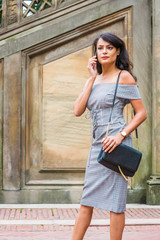 Young American Professional Woman traveling, working in New York, wearing gray patterned off shoulder dress, wristwatch, carrying small black leather bag, standing on street, talking on cell phone..