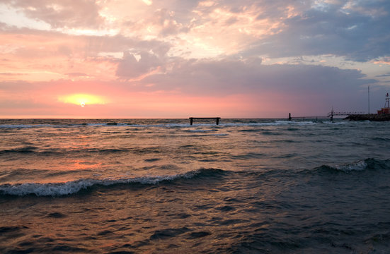 Laesoe / Denmark: Colorful sunset over the Baltic Sea in Vesteroe Havn