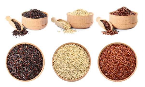 Set with different types of quinoa in bowls on white background