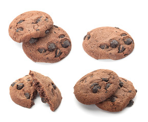 Set of chocolate chip cookies on white background