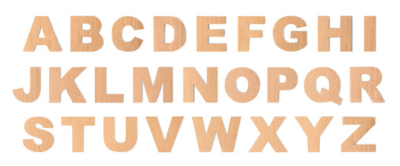 Latin brown cardboard alphabet on white background