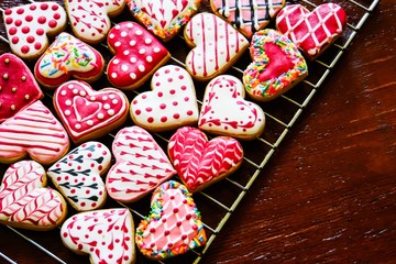 Heart shaped cookies icing for Valentine's day delicious homemade natural pastry, baking with love for Valentine's day, love concept