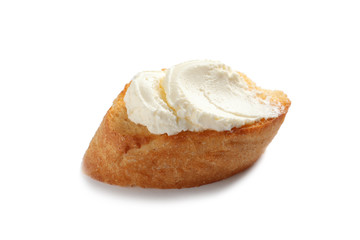 Piece of baguette with tasty cream cheese on white background