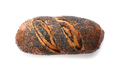 Freshly baked poppy seed roll isolated on white, top view