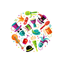 Vector illustration with carnival and celebratory objects. Design element for carnival, invitation, poster, flayer, funfair, banner. Circle concept.