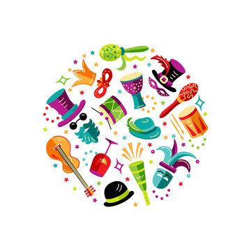 Vector illustration with carnival and celebratory objects. Design element for carnival, invitation, poster, flayer, funfair, banner. Circle concept.