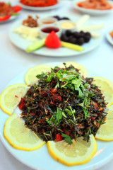 Traditional Antakya food 'Zahter Salad' on the dinner plate in Hatay (Antakya), Turkey.
