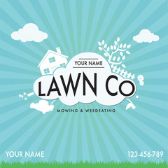 Lawn Mowing Work Business Card with Sunshine Background and Landscaping Equipment.ai