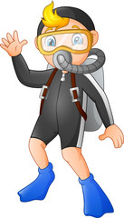 Cartoon diver boy waving hand