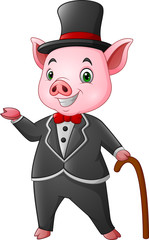 Cartoon happy pig dressed up in black tuxedo with a walking stick