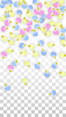 Vector Realistic Colorful Petals Falling on Transparent Background.  Spring Romantic Flowers Illustration. Flying Petals. Sakura Spa Design. Blossom Confetti. Design Elements for Wedding Decoration.