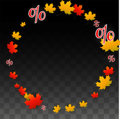 Vector Percentage Sign and Autumn Leaves Confetti on Transparent Background. Percent Sale Background. Business, Economics, Finance Print. Discount Illustration. Promotion poster. Black Friday Banner. 