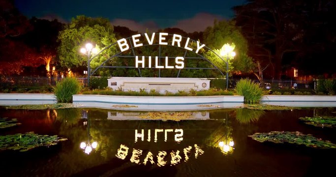 Beverly Hills Sign landmark near famous Rodeo Drive in Los Angeles, California, 4K