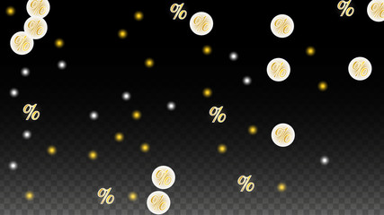 Luxury Vector Gold Percentage Sign Confetti on Transparent. Percent Sale Background. Business, Economics Print. Discount Illustration. Promotion Poster. Black Friday Banner. Special offer Template.