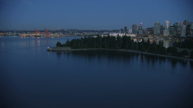 Aerial dusk view Brockton Point Lighthouse Vancouver Canada