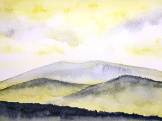 watercolor painting landscape sunset or sunrise  on the mountain fog.