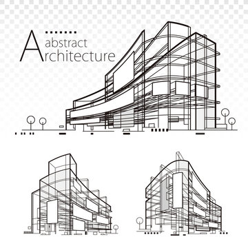 3D illustration architecture abstract modern building design set.