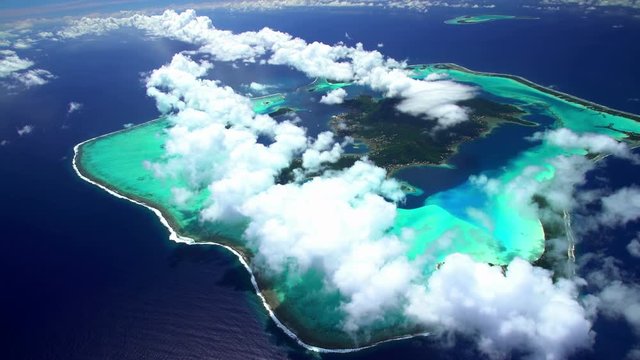 Aerial view of barrier reef on Bora Bora Tupai Heart Island South Pacific 