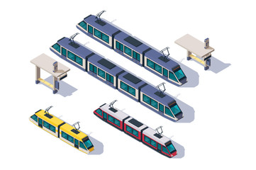 Isometric 3d set passenger tram with station elements.