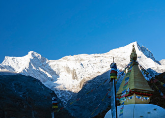 Chortens are important structures in Buddhism conveying stages of enlightenment. Namche chorten has a wonderful view of the mountain peaks.