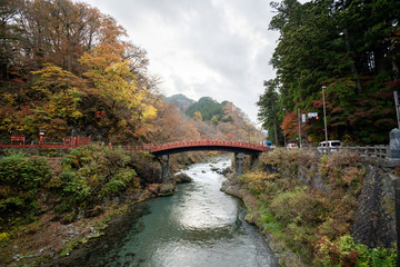Shinkyo Bridge is the most famous landmarks in Nikko, Japan, part of Futarasan Shrine ,with ...